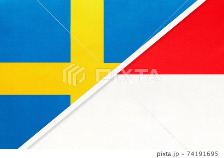 Sweden and Indonesia, symbol of national flags from textile. Sweden and Indonesia, symbol of national flags from textile. 74191695