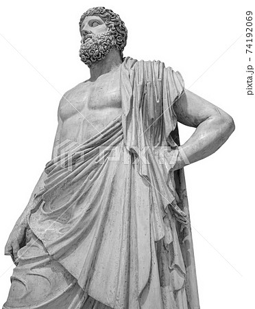 Marble statue of greek god Zeus isolated on white background. Antique sculpture of man with beard 74192069