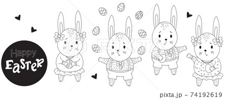 Easter bunny set. Cute bunnies girls and boys with Easter eggs in their paws. Vector. Black line, outline. Cute animal for design, decor, print, postcards for Easter 74192619