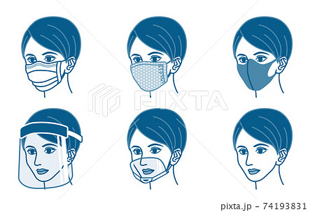 多種類のマスク バリエーションセット 女性 斜め向き 線画のイラスト素材