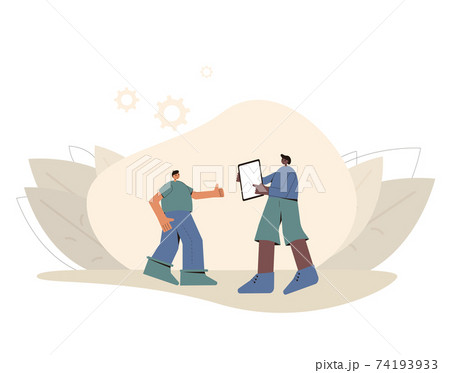 Two boys with tablet. Cute kids characters wearing in casual clothes standing together with phone. Male children touching a mobile screen. Vector illustration. 74193933