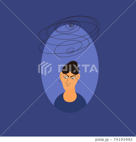 Depression. Portrait of woman with some mental issues. Female person with lot of confusing thoughts. Young lady with bad mood. Person with special needs. Vector icon illustration. Depression. Portrait of woman with some mental issues. Female person with lot of confusing thoughts. Young lady with bad mood. Person with special needs. Vector icon illustration. 74193992