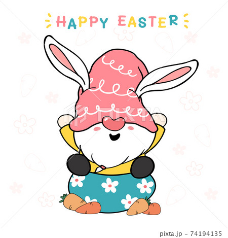 cute bunny gnome on egg with carrot, happy Easter. Gnome in pink hat sweet pastel cartoon vector 74194135