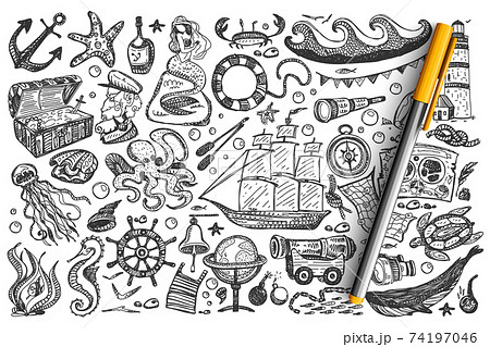 Pirates hand drawn doodle set 74197046
