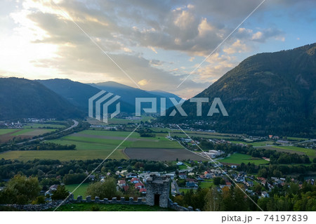 Top view of a mountain valley in Austria. selective focus. Top view of a mountain valley in Austria. selective focus. 74197839