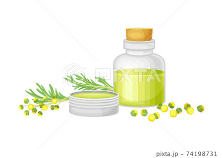 Corked Glass Jar with Wormwood or Southernwood Oil Extraction Vector Composition Corked Glass Jar with Wormwood or Southernwood Oil Extraction Vector Composition 74198731