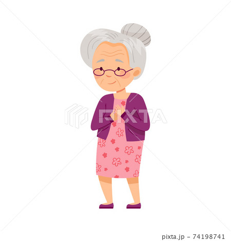 Standing Senior Woman with Grey Hair and Glasses Vector Illustration 74198741