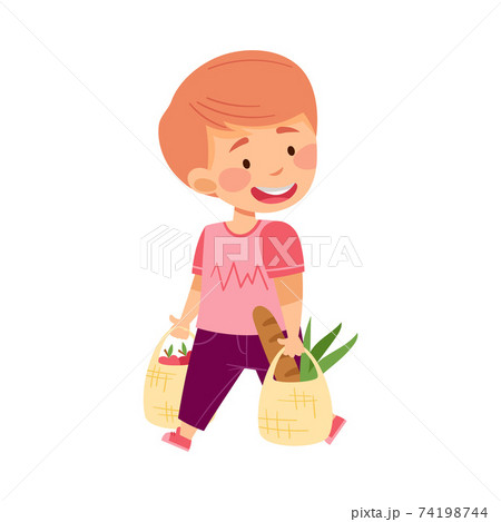 Helpful Boy Carrying Shopping Bags Full with Food Vector Illustration Helpful Boy Carrying Shopping Bags Full with Food Vector Illustration 74198744