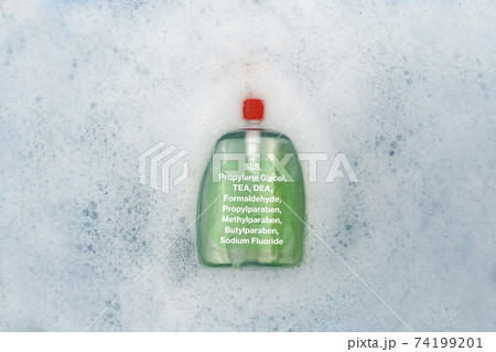 A bottle of Liquid soap floating in soapy water. Harmful composition of ingredients, detergent with SLS, Propylene Glycol, TEA, DEA, Formaldehyde, Propylparaben, Methylparaben, Butylparaben, Sodium 74199201