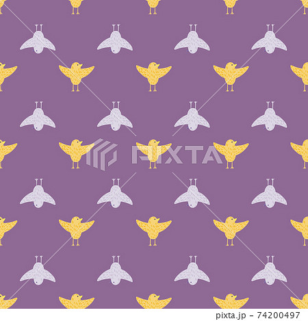Cartoon seamless pattern with yellow and blue colored flying birds ornament. Purple background. 74200497