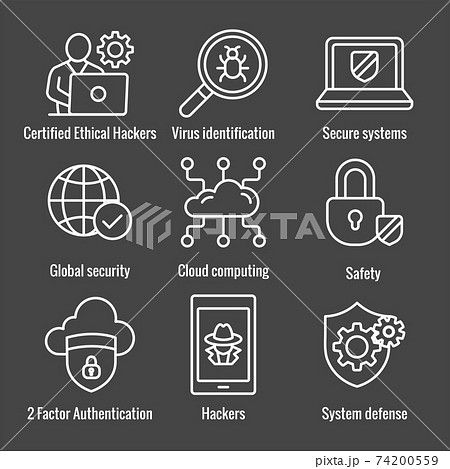 Certified Ethical Hacking CEH icon set showing virus, exposing vulnerabilities, and hacker 74200559