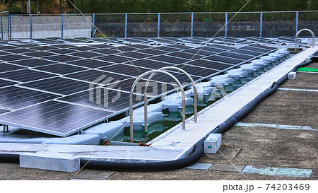 廃校した学校のプールを活用した太陽光発電は全国初！　プカプカ浮かぶソーラーパネル！ 74203469