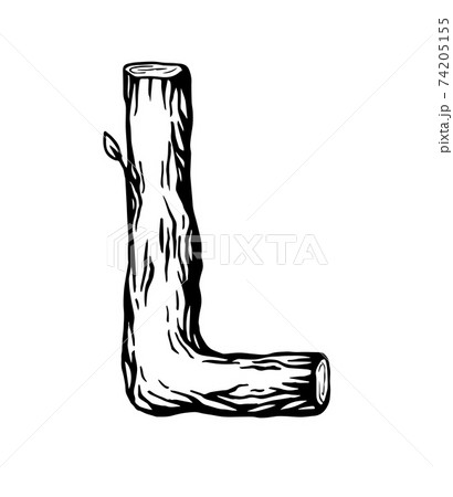 Black engraving Letter L made of wood with leaves on the white background Black engraving Letter L made of wood with leaves on the white background 74205155