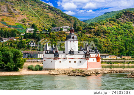 Beautiful romantic castles of Rhine river -Pfalzgrafenstein in small island. Germany 74205588