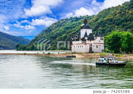 Beautiful romantic castles of Rhine river -Pfalzgrafenstein in small island. Germany 74205589