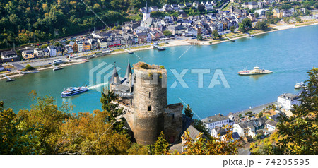 Beautiful romantic castles of Rhein river .view of Katz castle and St.Goar town 74205595