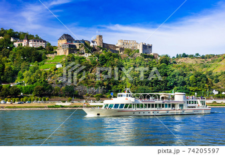Romantic river cruises over Rhein with famous medieval castles. Germany 74205597