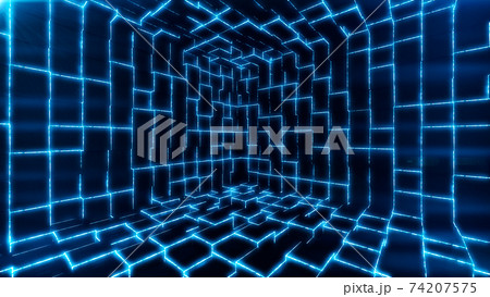 3d cubes dorming a futuristic room with blue glowing lights. Network connection concept.3d render illustration. 74207575