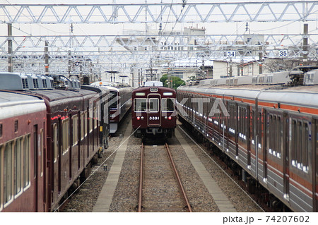 阪急電車の車両基地の写真素材