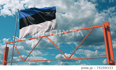 Swing arm road barrier and flag of Estonia, entry ban related 3d rendering 74209333