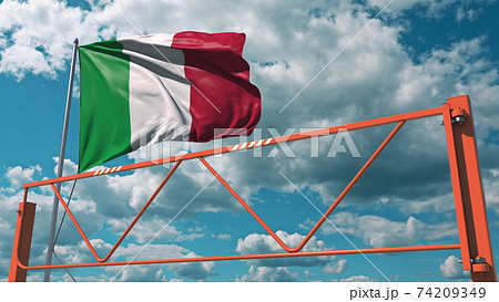 Swing arm road barrier and flag of Italy, entry ban related 3d rendering 74209349