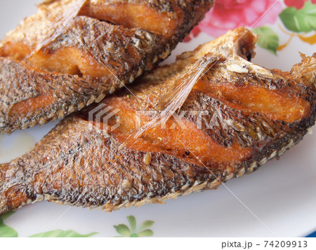Fried fish on plate Fried fish on plate 74209913