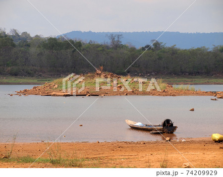 Empty old wooden boat at the river Empty old wooden boat at the river 74209929