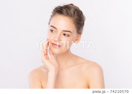 Beautiful young woman with clean fresh skin on white background, Face care, Facial treatment Beautiful young woman with clean fresh skin on white background, Face care, Facial treatment 74210570