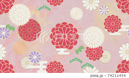 和を感じさせるシームレスな背景パターン 花柄 菊 和柄のイラスト素材