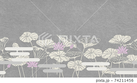 蓮の花 蓮の葉 横方向にシームレスな背景パターンのイラスト素材