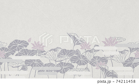 蓮の花　蓮の葉　横方向にシームレスな背景パターン 74211458