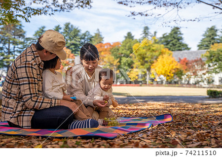 秋の公園で遊ぶ家族 秋の公園で遊ぶ家族 74211510