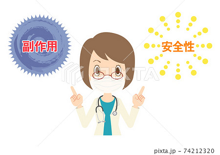 安全性と副作用の説明をするマスクを付けた女性医師 安全性と副作用の説明をするマスクを付けた女性医師 74212320