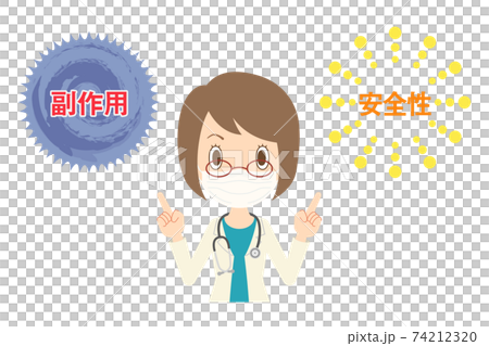 安全性と副作用の説明をするマスクを付けた女性医師 安全性と副作用の説明をするマスクを付けた女性医師 74212320