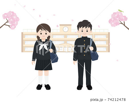 学生　中高生　男女　入学　校舎　全身　イラスト素材 74212478