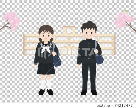 学生　中高生　男女　入学　校舎　全身　イラスト素材 74212478