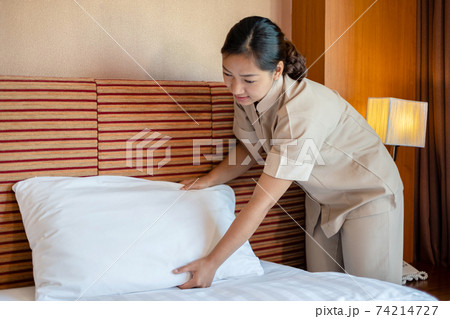 The hotel maid arranged the mulberry on the bed in the hotel room 74214727