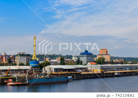 River cargo port in Kiev, Ukraine River cargo port in Kiev, Ukraine 74215681