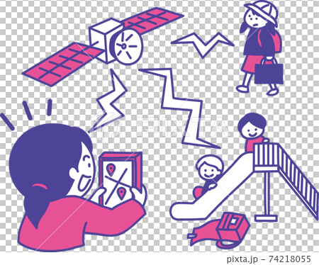 Gpsアプリを使って子供の居場所を確認するお母さんのイラストのイラスト素材