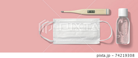 マスク、アルコールジェル、体温計。コロナウイルス対策 74219308