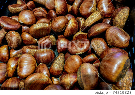 Top view of the chestnuts counter. Background. 74219823
