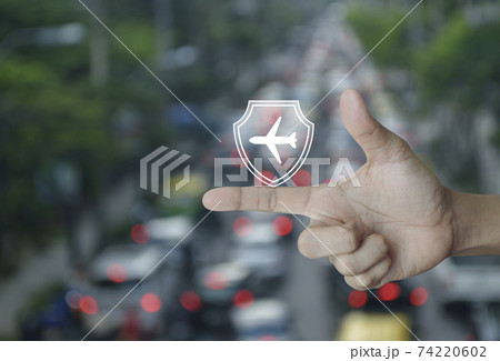 Business travel insurance and safety online concept 74220602
