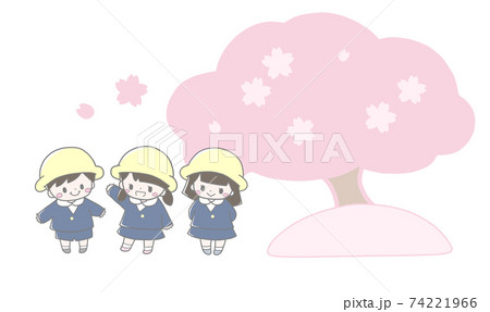 桜と並んだかわいい幼稚園児の春の手描き風イラストのイラスト素材