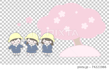桜と並んだかわいい幼稚園児の春の手描き風イラストのイラスト素材