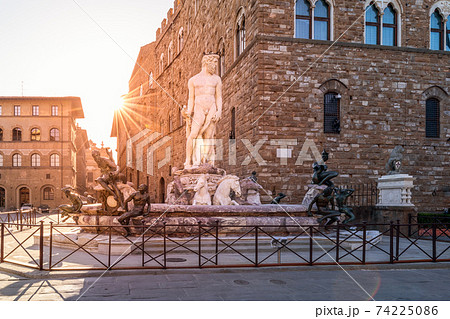 Fountain Neptune in Piazza della Signoria. Sunrise view, empty square. Florence, Italy 74225086