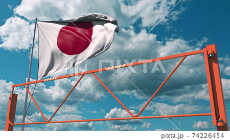 Swing arm road barrier and flag of Japan, entry ban related 3d rendering 74226454