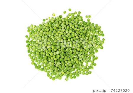 Pile of frozen blanched green peas isolated on white background. Healthy food. Studio Photo 74227020
