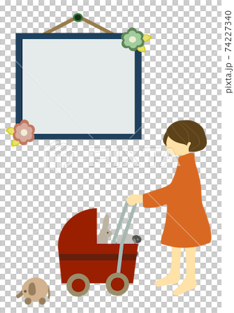 A girl pushing a stroller with a wooden toy and a message board (for stay home, early childhood education, etc.) A girl pushing a stroller with a wooden toy and a message board (for stay home, early childhood education, etc.) 74227340