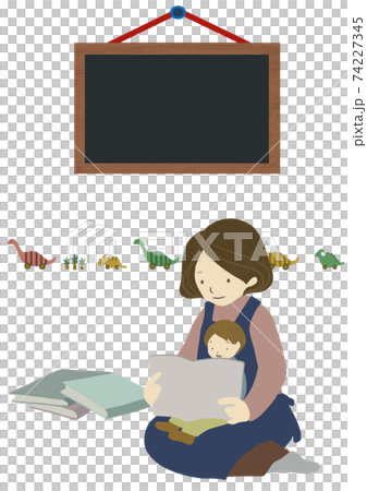 絵本の読み聞かせをしている親子と本・おもちゃ・メッセージ記入可能なボードのポスター風イラスト 74227345