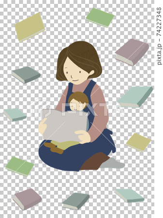 絵本の読み聞かせをしている親子と本のセット（ステイホームや出産祝い、幼児教育に） 74227348